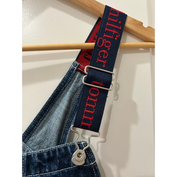 Vintage 2002 Tommy Hilfiger Blue Jean Bootcut Logo Straps Overalls Size Small - Picture 4 of 12